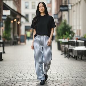 Christian Siriano Linen Wide Leg Blue/White Striped Pants